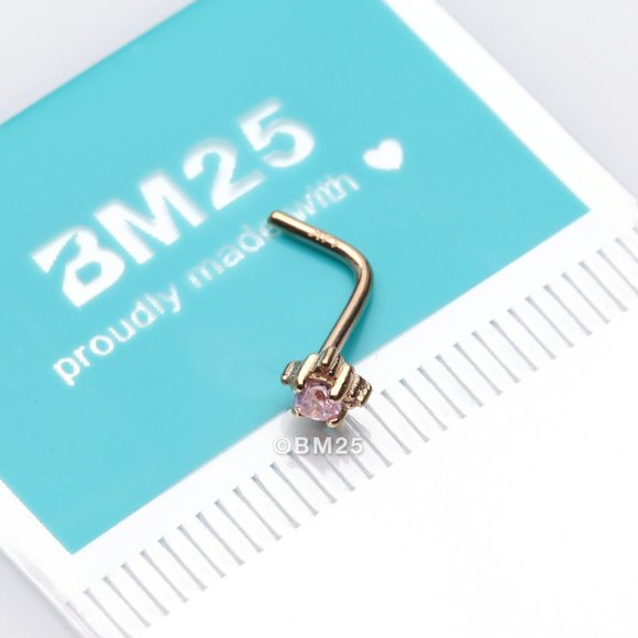 14 Karat Gold Studded Prong Gem Sparkle L-Shaped Nose Ring - Picture 1 of 5